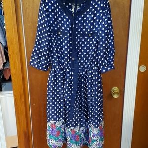 Vintage belted navy polka dot border print dress